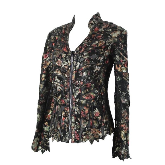 Image Leather Sz M (XS) Black Red Gold Sheer Rhinestone Zip Poly Viscose Jacket - Picture 1 of 16